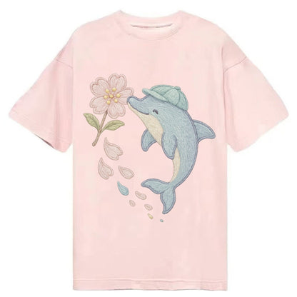Dolphin Sakura Leap Leaping Through Blossoms Pale Aqua Cap C Classic T-shirt – Pink