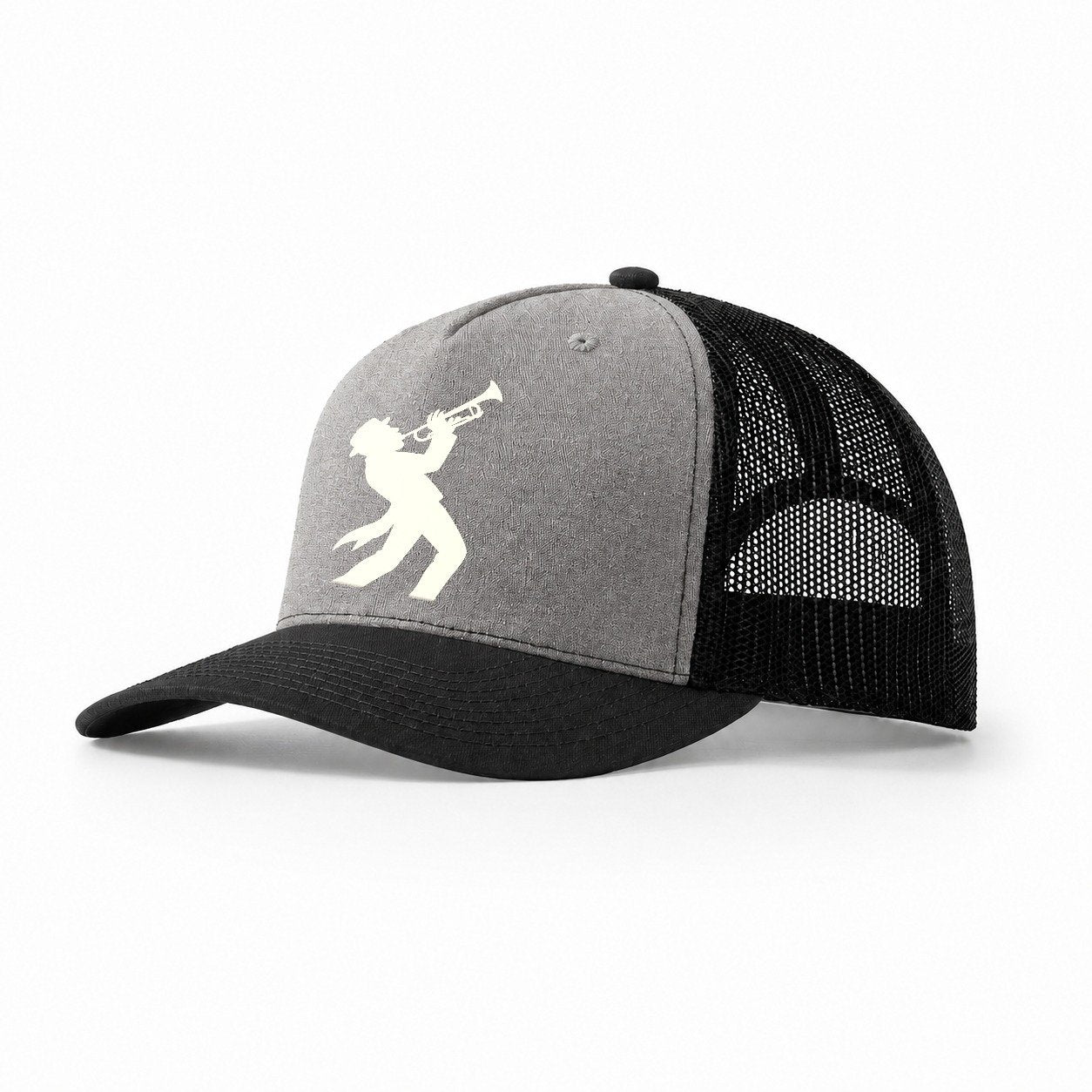 Trumpet Player Hitting High Note Trucker Hat – Grey-Black