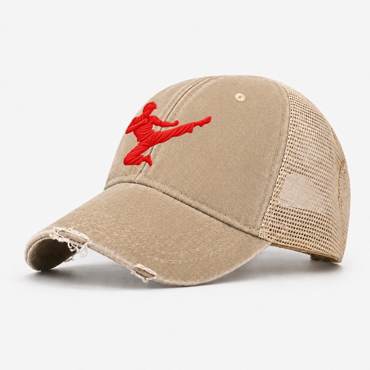 Martial Artist Flying Side Kick Micro Motion Mark Washed Trucker Hat – Khaki