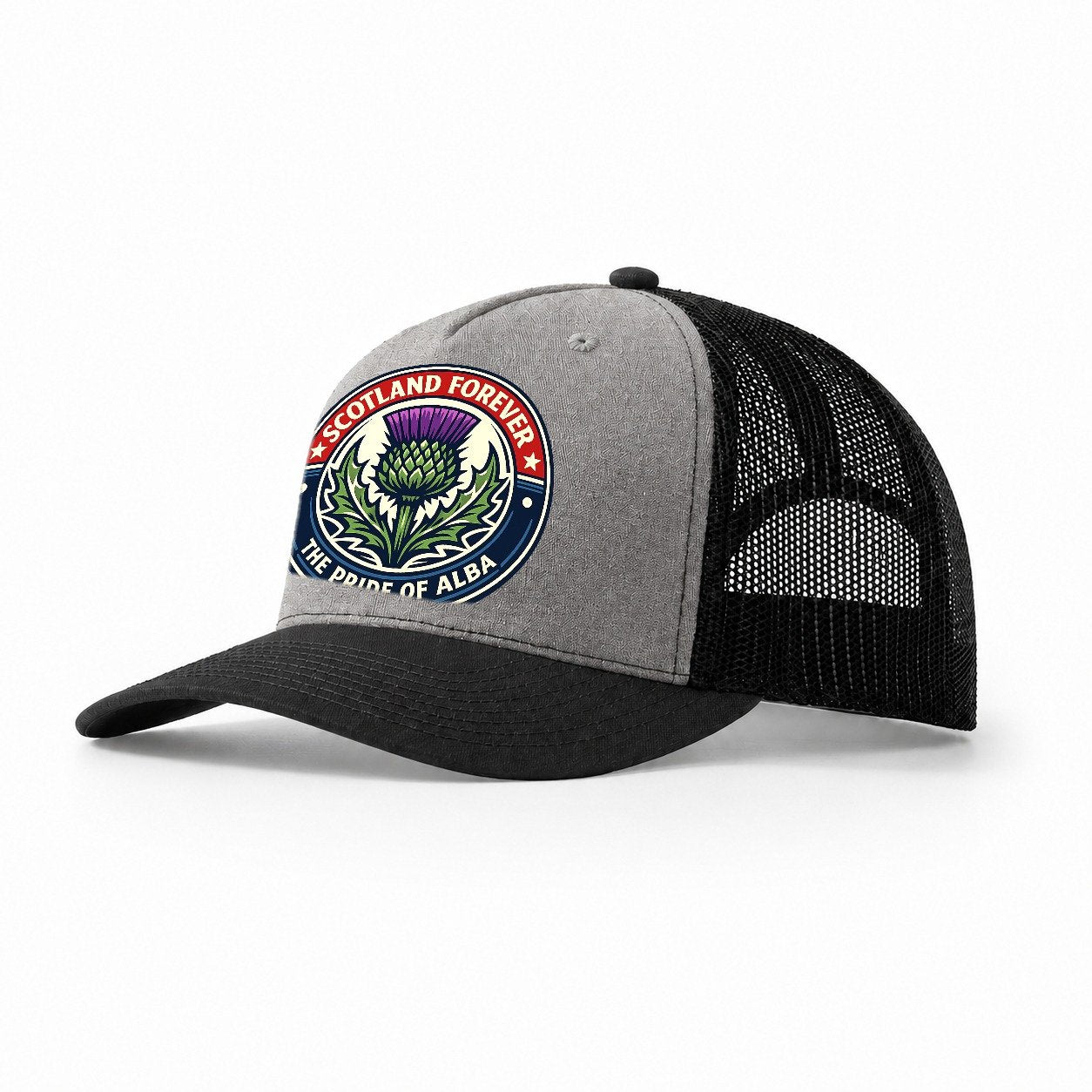 Highland Heritage Emblem 3c22fce65d34 1770440654247 Trucker Hat – Grey-Black