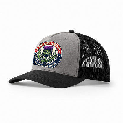 Highland Heritage Emblem 3c22fce65d34 1770440654247 Trucker Hat – Grey-Black