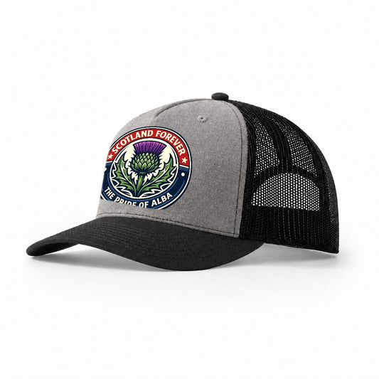 Highland Heritage Emblem 3c22fce65d34 1770440654247 Trucker Hat – Grey-Black