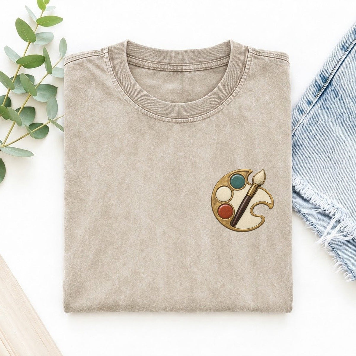 Painter Palette Crescent Keepsake Emblem Left Chest Vintage T-shirt – Off White