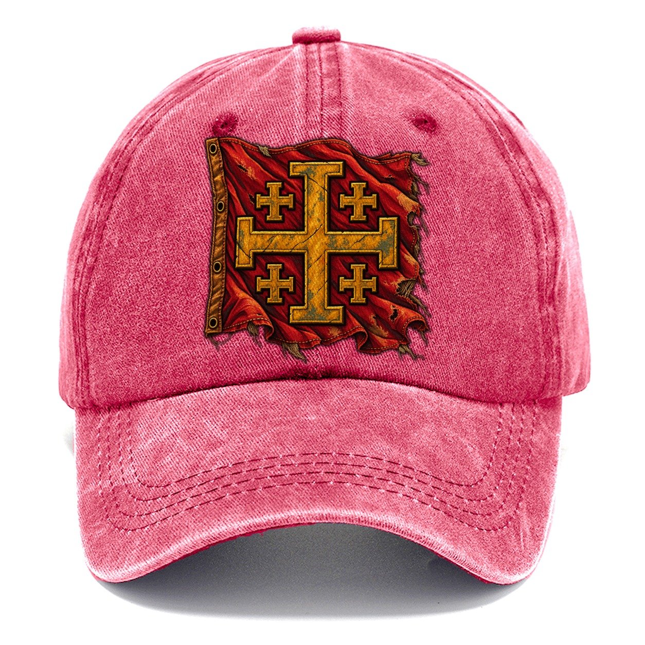 Sun Bleached Linen Flag Jerusalem Cross Classic Cap – Pomegranate Blush