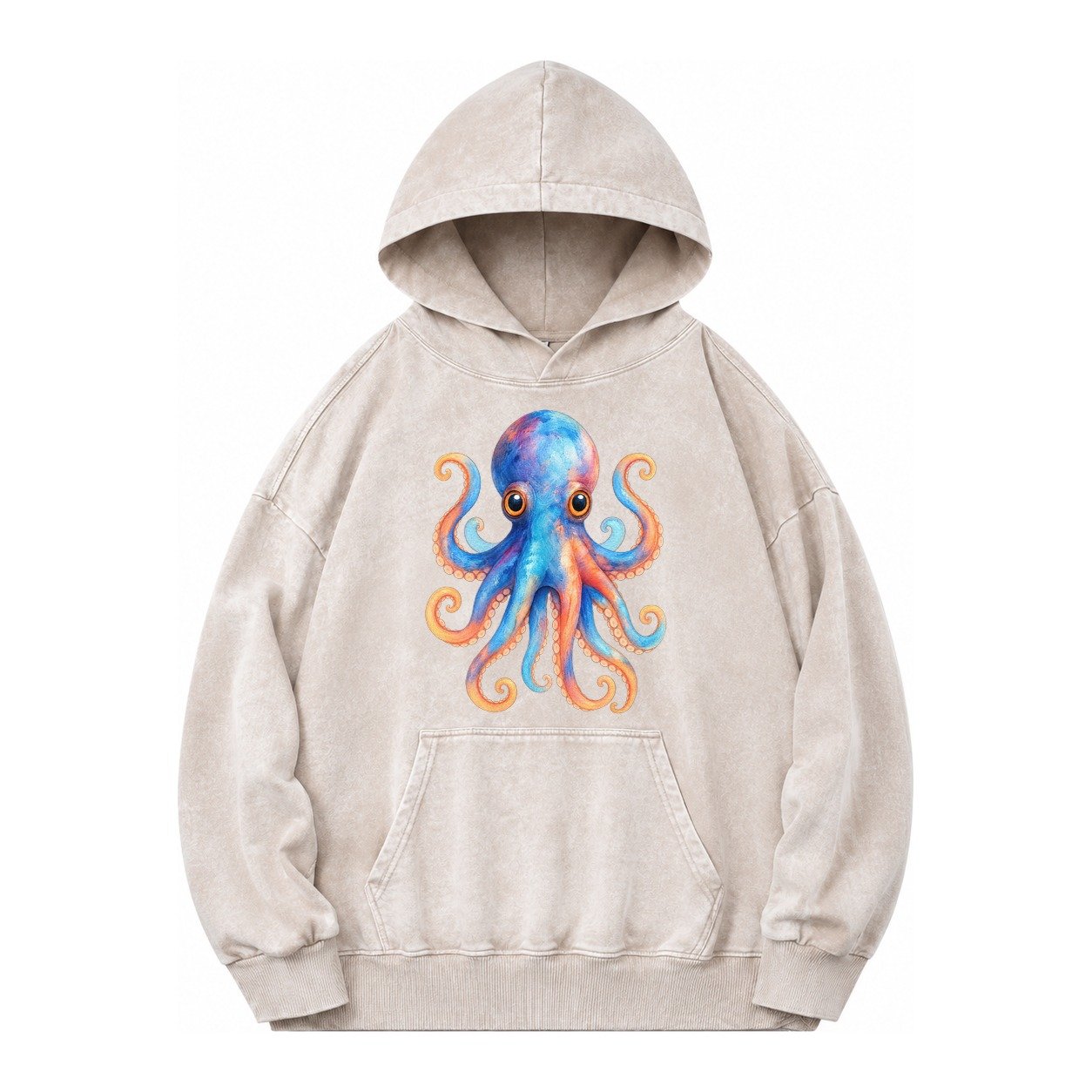 Octopus Cute Vintage Washed Hoodie – Off White