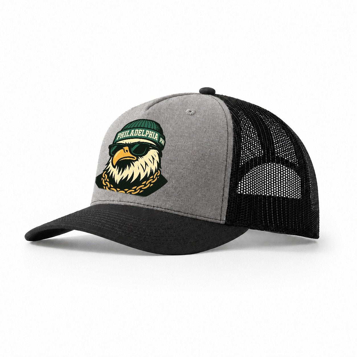 Animaleaglelocationtextphiladelphiainitialsphibeaniecolorgre Trucker Hat – Grey-Black