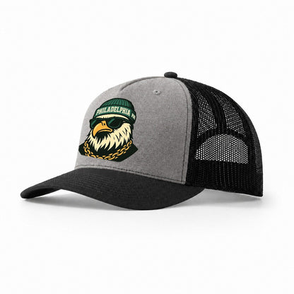 Animaleaglelocationtextphiladelphiainitialsphibeaniecolorgre Trucker Hat – Grey-Black