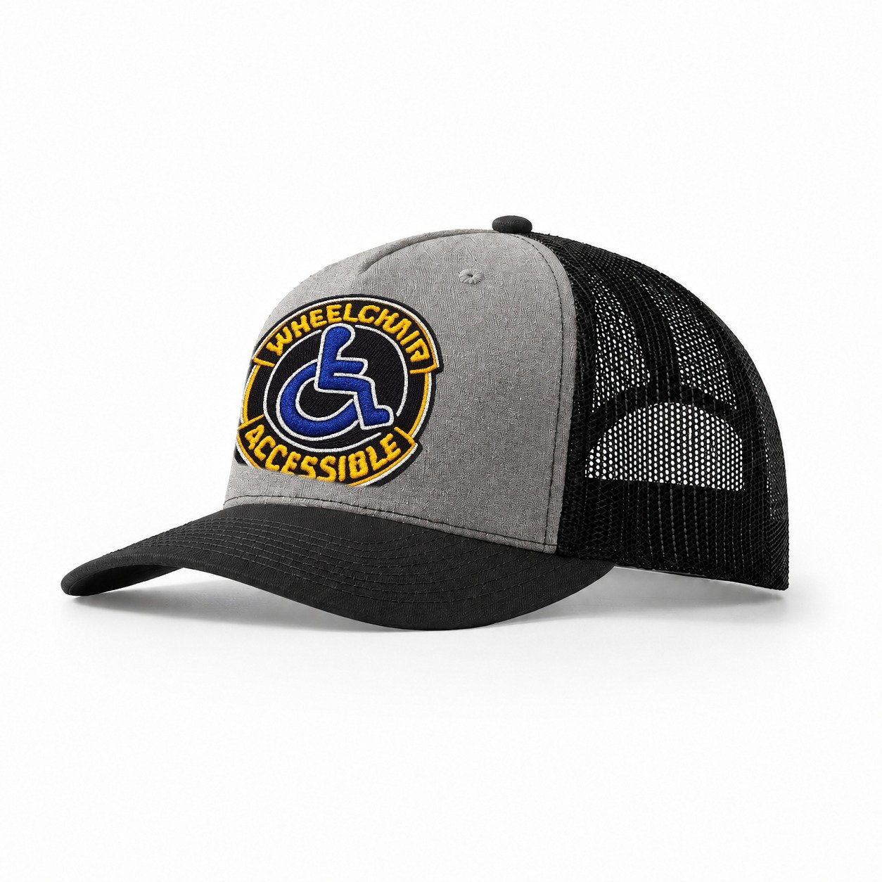 Embroidered Patch Design Wheelchair Accessible Accessibility Trucker Hat – Grey-Black