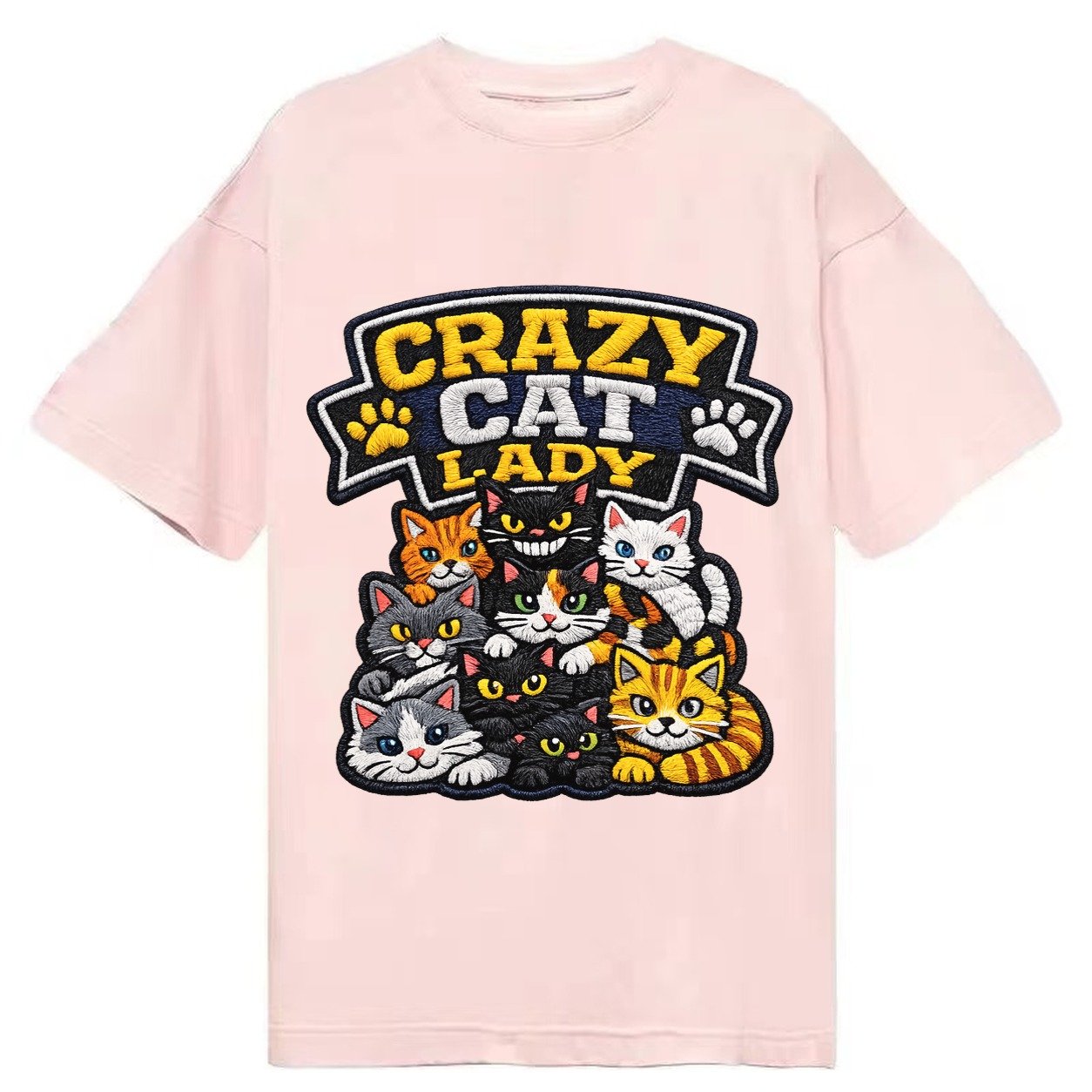 Embroidered Patch Design Crazy Cat Lady Cat Pile In Multicol Classic T-shirt – Pink