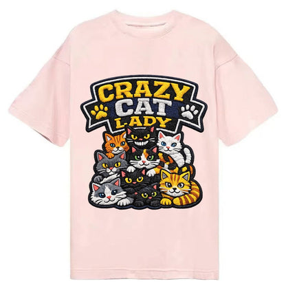 Embroidered Patch Design Crazy Cat Lady Cat Pile In Multicol Classic T-shirt – Pink