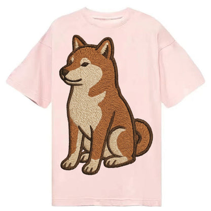 Shiba Inu Red Sesame Embroidered Sitting Pose Classic T-shirt – Pink