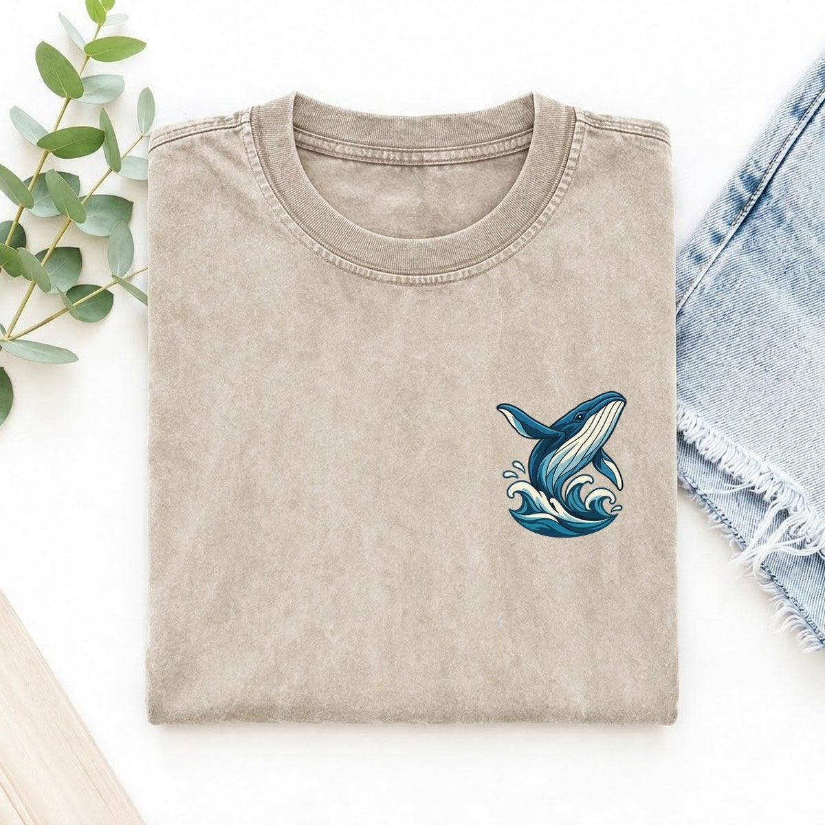 Whale And Waves Left Chest Vintage T-shirt – Off White