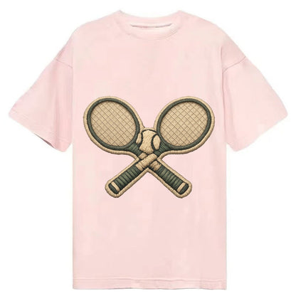 Embroidered Patch Design Tennis Racket Crossed Tennis Racket Classic T-shirt – Pink
