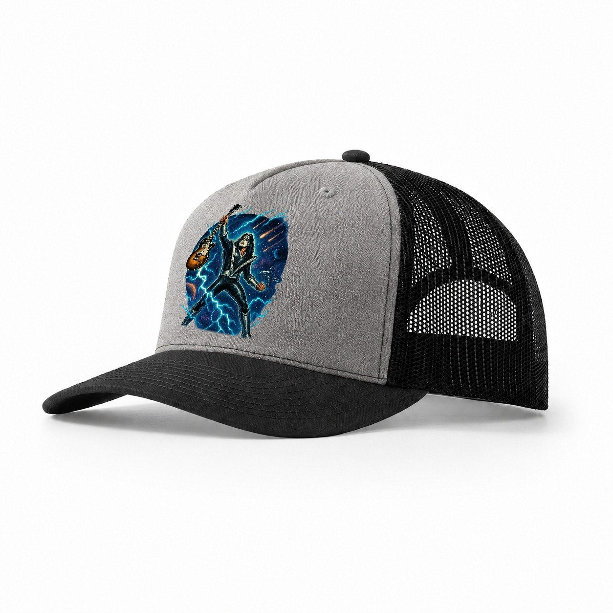 Ace Frehley Cosmic Solo Guitar Raised High Space Station Bac Trucker Hat – Grey-Black