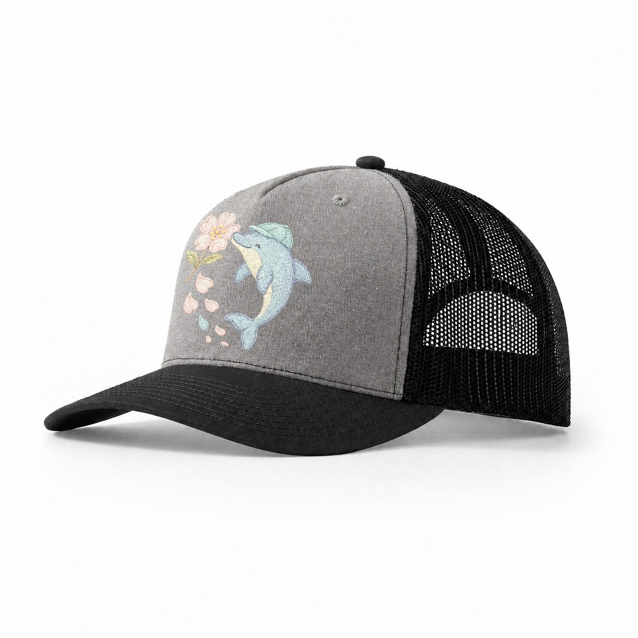 Dolphin Sakura Leap Leaping Through Blossoms Pale Aqua Cap C Trucker Hat – Grey-Black