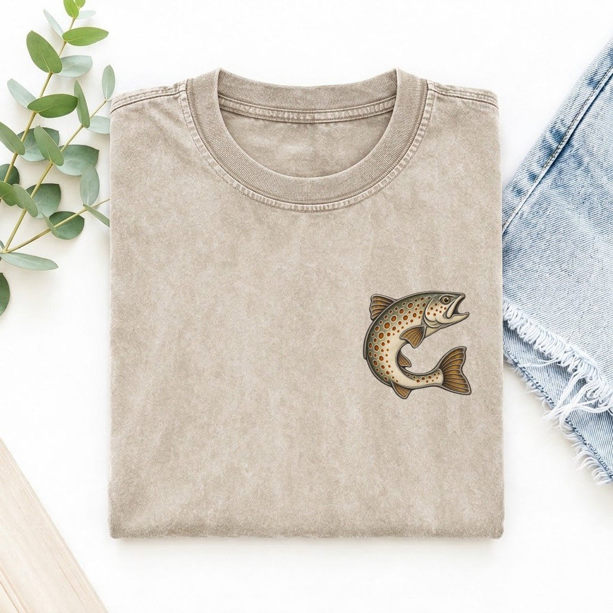 Brown Trout Upturn Keepsake Emblem Left Chest Vintage T-shirt – Off White