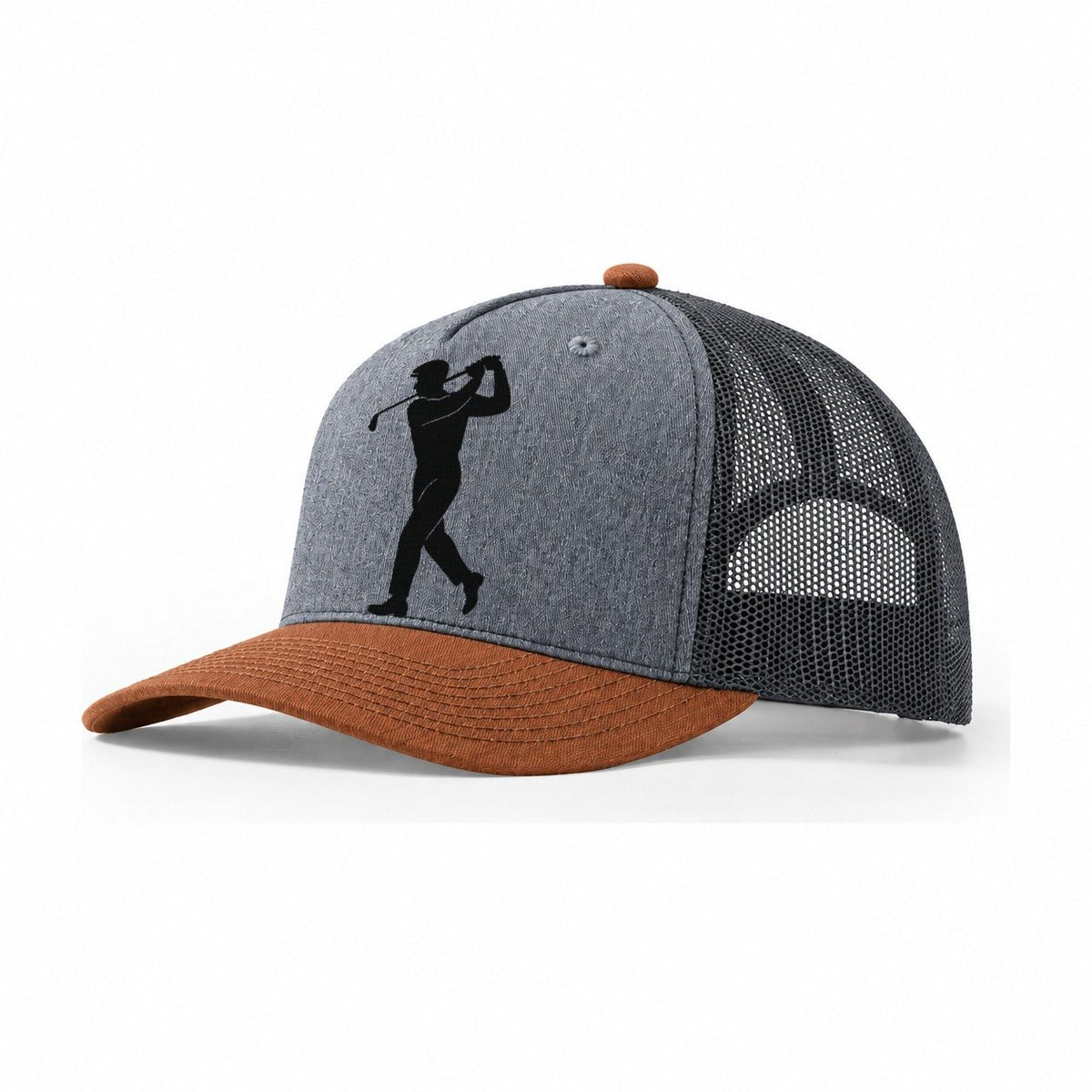 Golfer Perfect Swing Follow Through Trucker Hat – Heather Grey Rust Charcoal