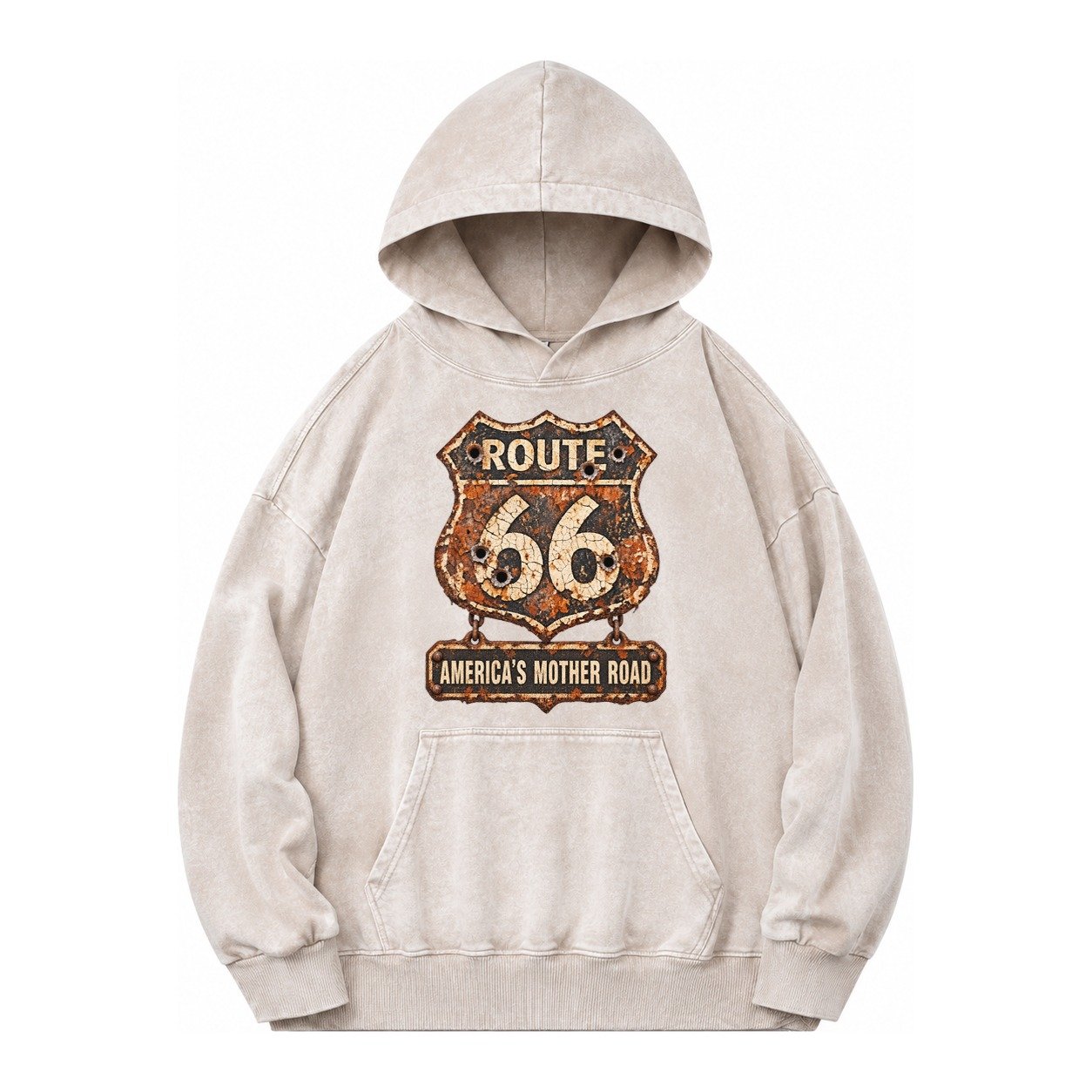 Route 66 Weathered Vintage Washed Hoodie – Off White