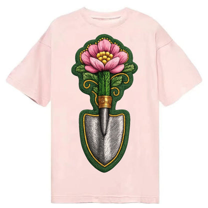 Embroidered Patch Design Gardening Trowel Flower Garden Tool Classic T-shirt – Pink