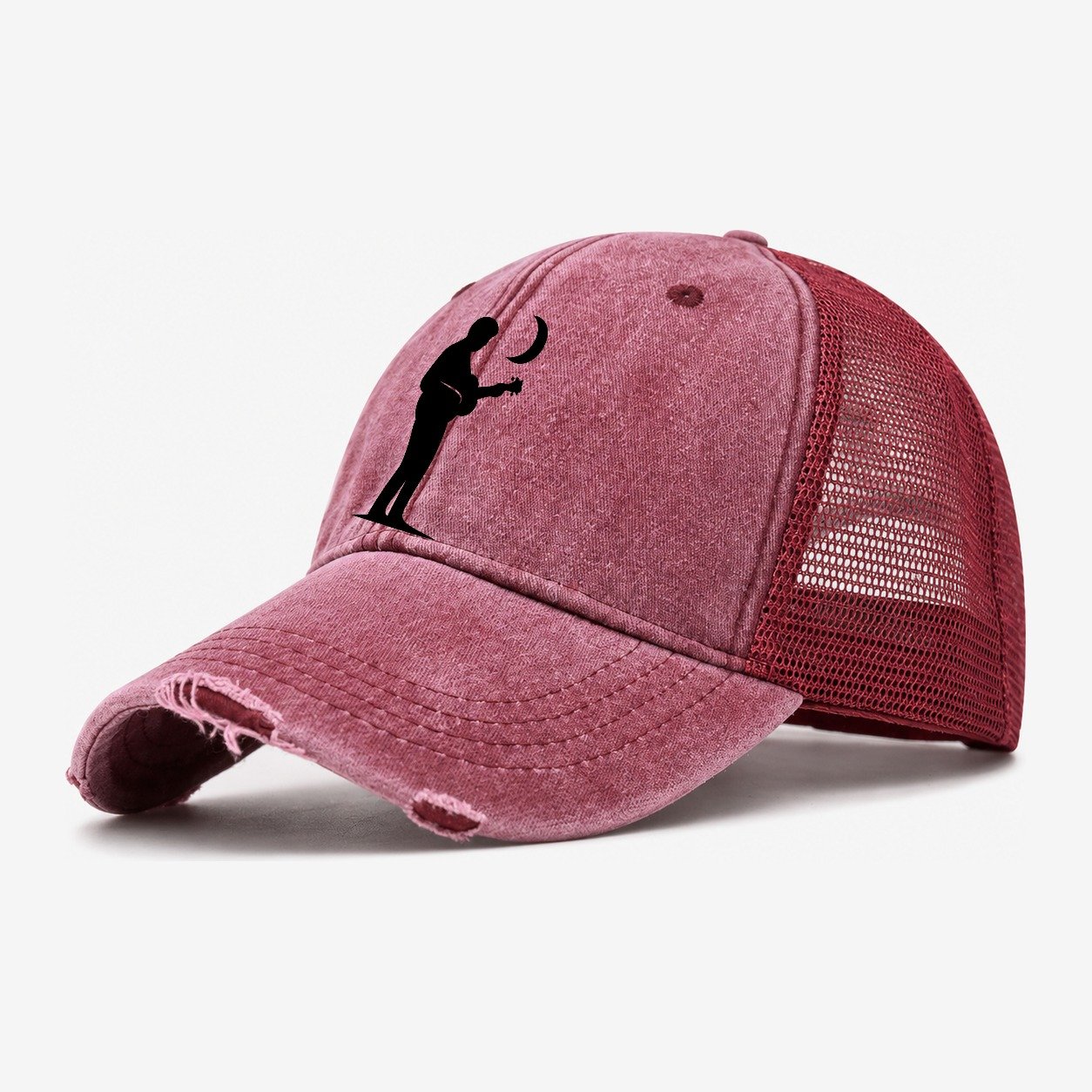 Guitarist Playing Acoustic Under Moonlight Washed Trucker Hat – Wine Red