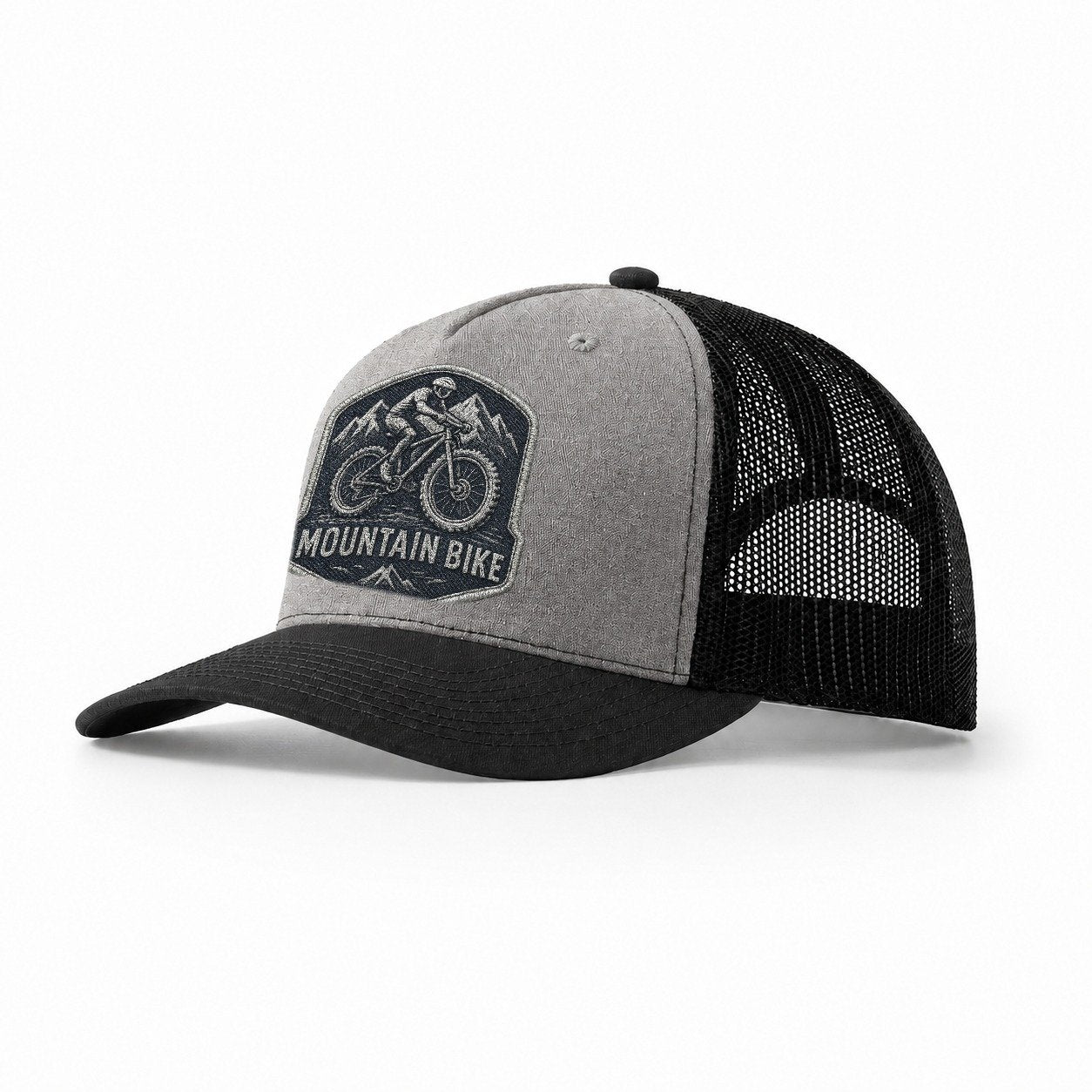 Mountain Bike With Rugged Tires Cyclist Badge Trucker Hat – Grey-Black