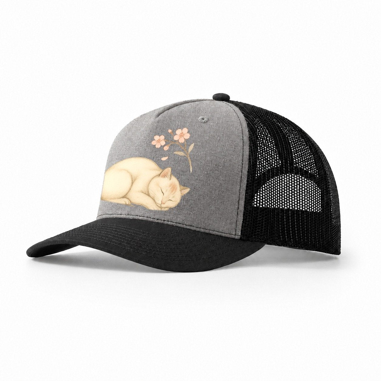 Zen Garden Cat Japanese Aesthetic Lying Peaceful Minimalist Trucker Hat – Grey-Black