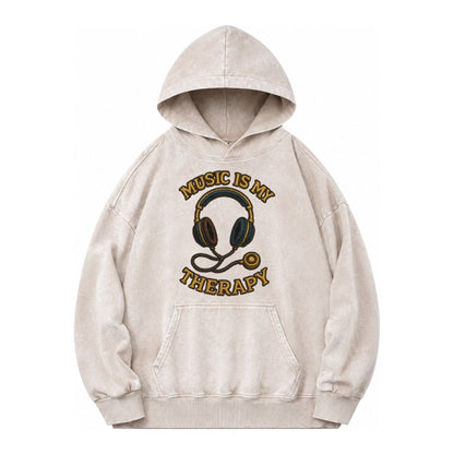 Music Is My Therapy Vintage Washed Hoodie – Off White