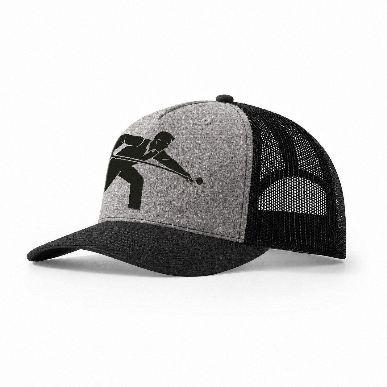 Pool Player Lining Up Shot Trucker Hat – Grey-Black