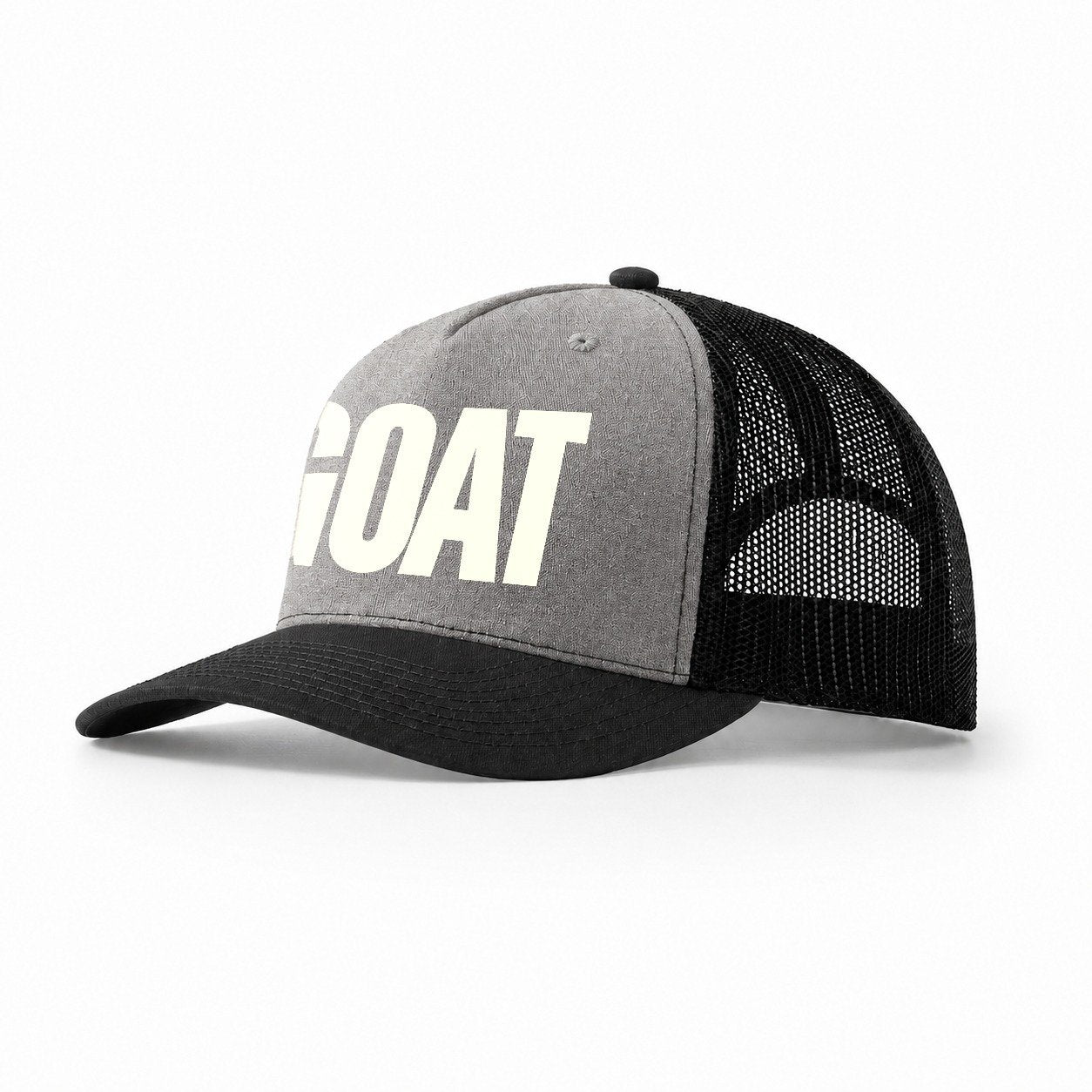 Bold Typography Design Goat Greatest Of All Time Trucker Hat – Grey-Black