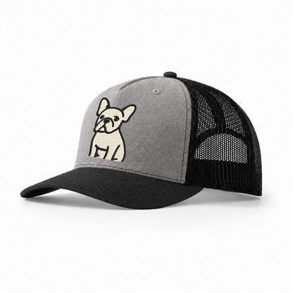 French Bulldog Head Tilt One Ear Up Trucker Hat – Grey-Black