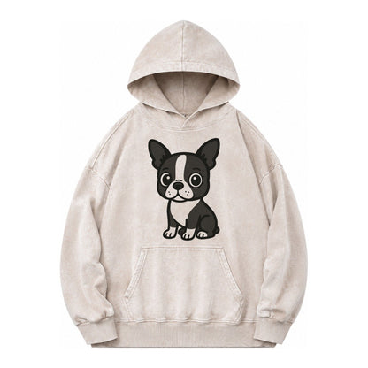 Boston Terrier Black And White Sitting Pose With Tuxedo Mark Vintage Washed Hoodie – Off White