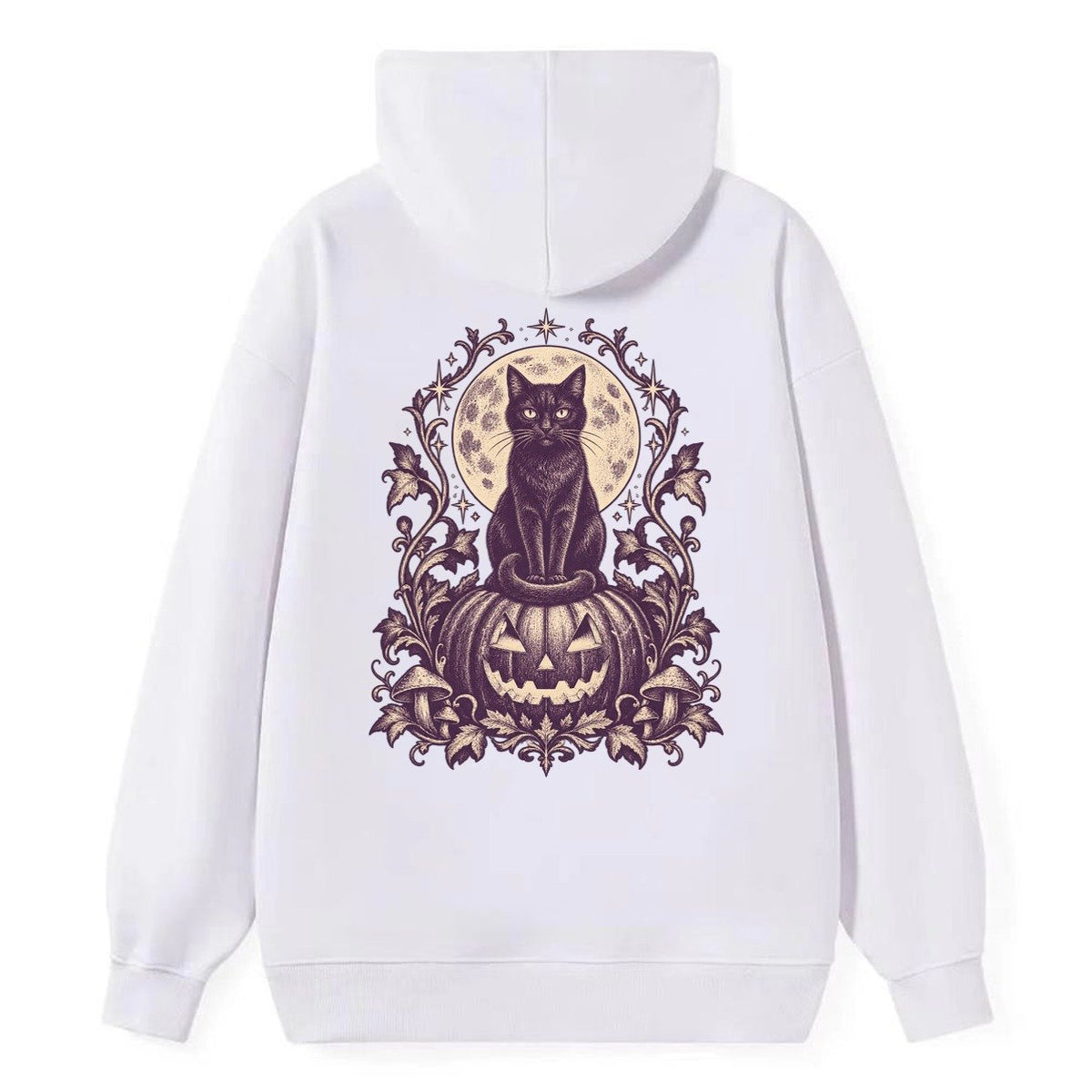 A Black Cat Sitting Upright On Top Of A Large Carved Jack O Lantern Tail Curled Around Its Paws A Full Moon Glowing Behind It Wordless Single Hue Gothic Engraving Portrait Midnight Haunt Classic Pullover Hoodie – White
