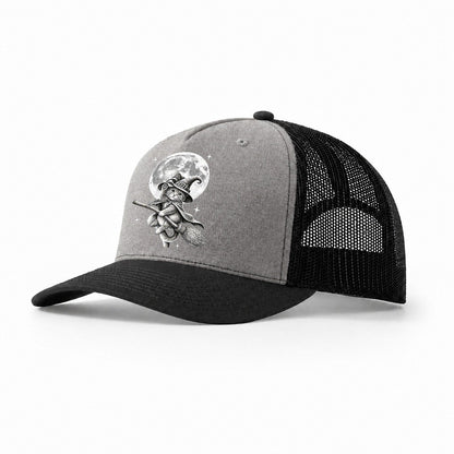 Witch On Broom Trucker Hat – Grey-Black