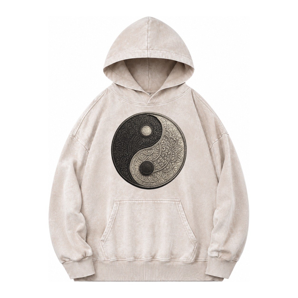 Mandala Yin Yang Pattern Vintage Washed Hoodie – Off White