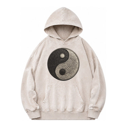 Mandala Yin Yang Pattern Vintage Washed Hoodie – Off White