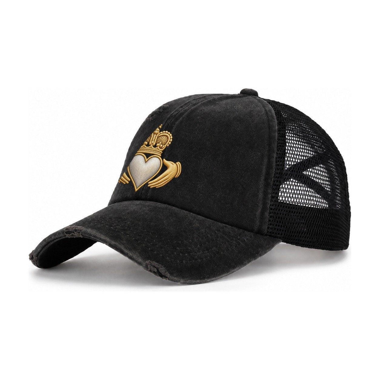Claddagh Symbol Women's Ponytail Trucker Hat – Black Black