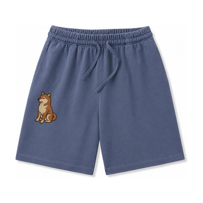 Shiba Inu Red Sesame Embroidered Sitting Pose Washed Shorts – Navy Blue