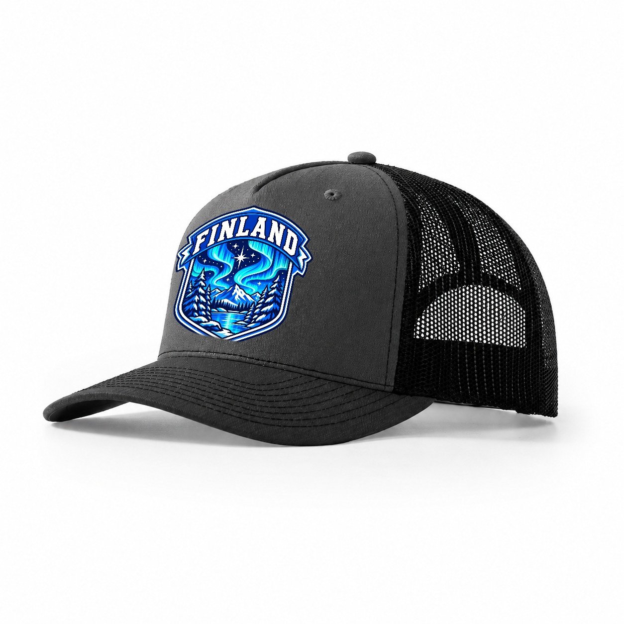 Finland Retro Badge Country Logos Trucker Hat – Dark Grey Black