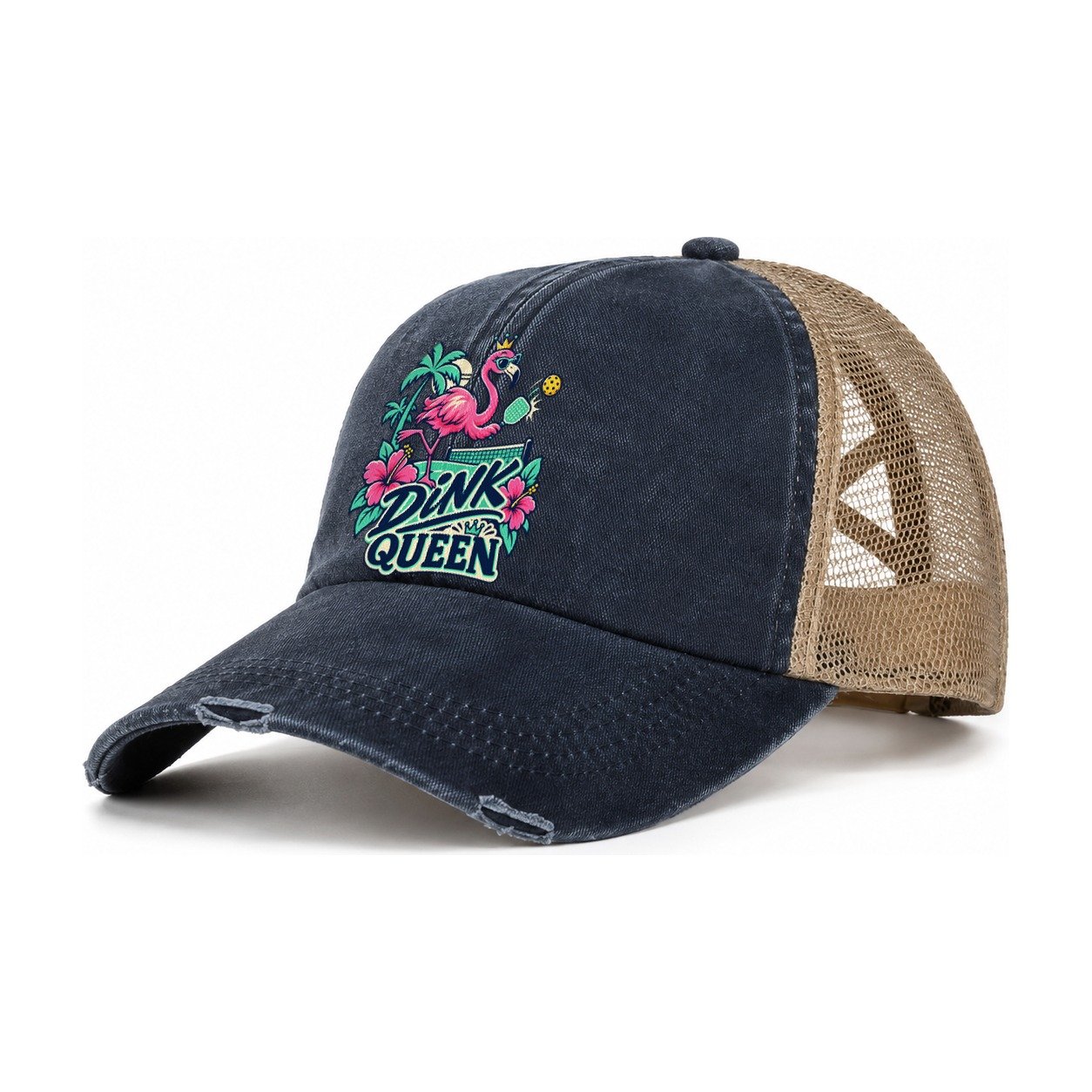 Flamingo Dink Queen Pickleball Life Women's Ponytail Trucker Hat – Navy Khaki