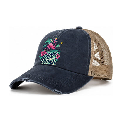 Flamingo Dink Queen Pickleball Life Women's Ponytail Trucker Hat – Navy Khaki