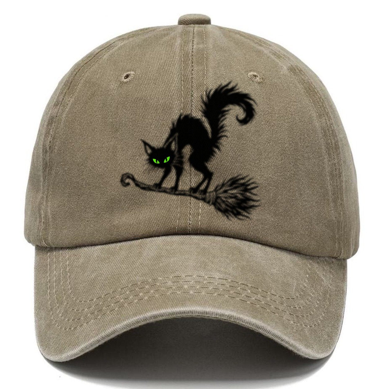 Black Cat Arched On A Broomstick Witch Magic Classic Cap – Warm Sand