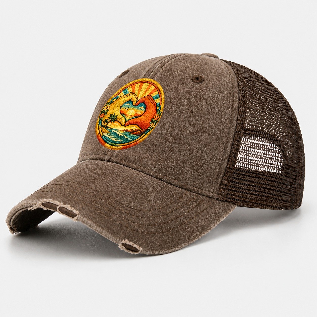 Golden Peace Washed Trucker Hat – Coffee