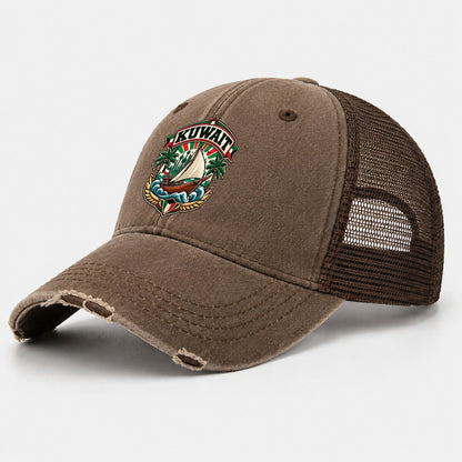 Kuwait Retro Badge Country Logos Washed Trucker Hat – Coffee
