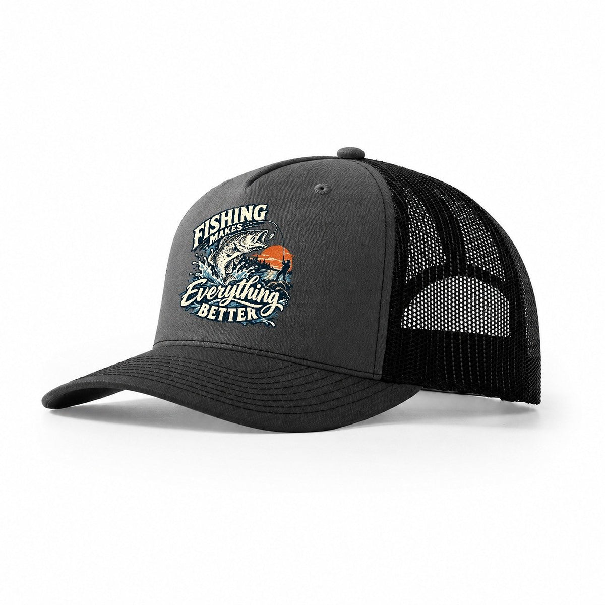 Fishing Makes Everything Better Bass Trucker Hat – Dark Grey Black