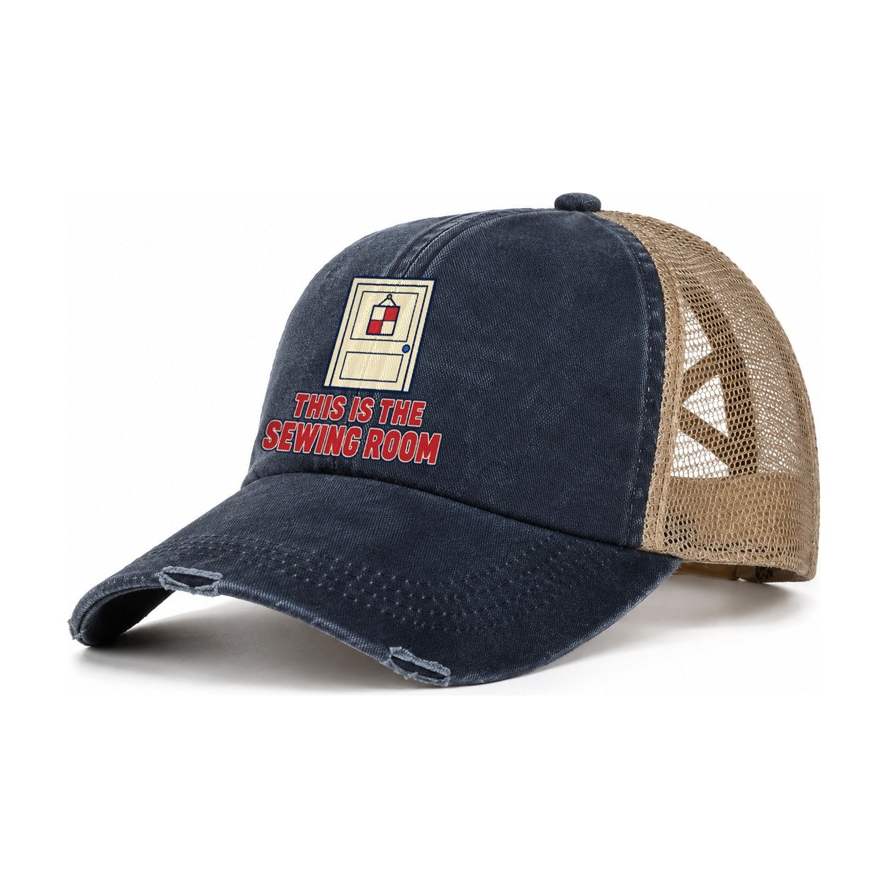 This Is The Sewing Room Sewing And Quilting Women's Ponytail Trucker Hat – Navy Khaki
