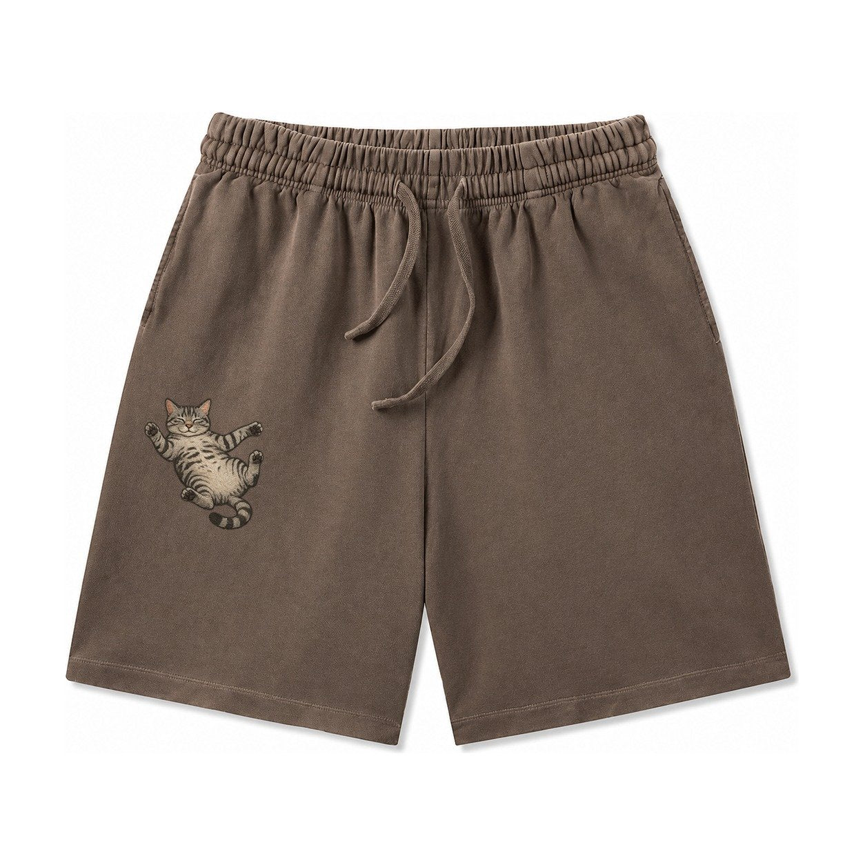 American Shorthair Silver Tabby Classic Pattern Fully Relaxe Washed Shorts – Coffee