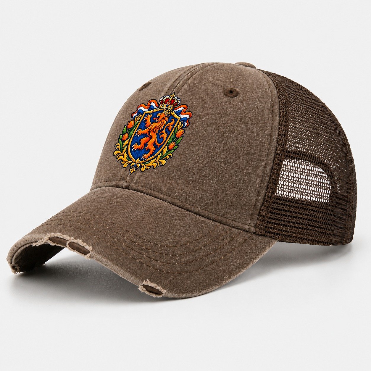 Netherlands Heraldic Crest Country Logos Washed Trucker Hat – Coffee