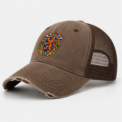 Netherlands Heraldic Crest Country Logos Washed Trucker Hat – Coffee