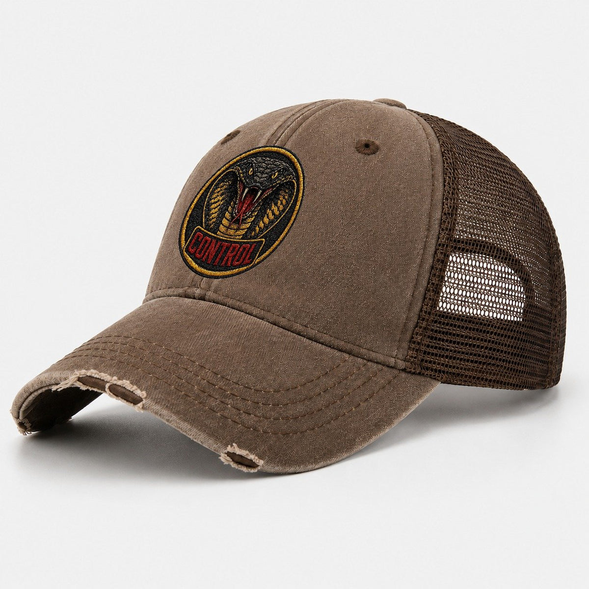 Cobra Control Badge Washed Trucker Hat – Coffee