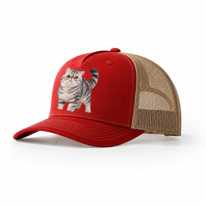 Exotic Shorthair Standing Three Quarter Realistic Cat Portrait Trucker Hat – Red Khaki